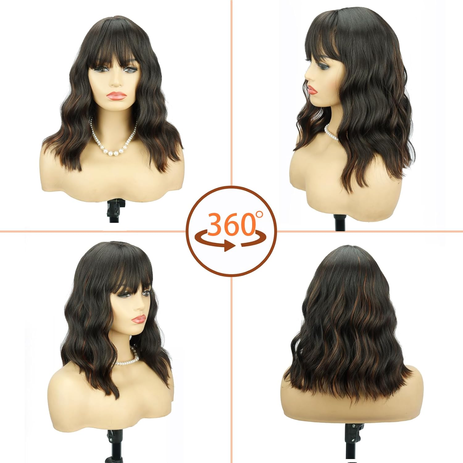 Black Mixed Brown Wig for Black Women 14 Inch Short Wavy Hair Wigs Curly Bob Wig with Bangs Shoulder Length Wigs for Black Women Synthetic Heat Resistant Bob Wig