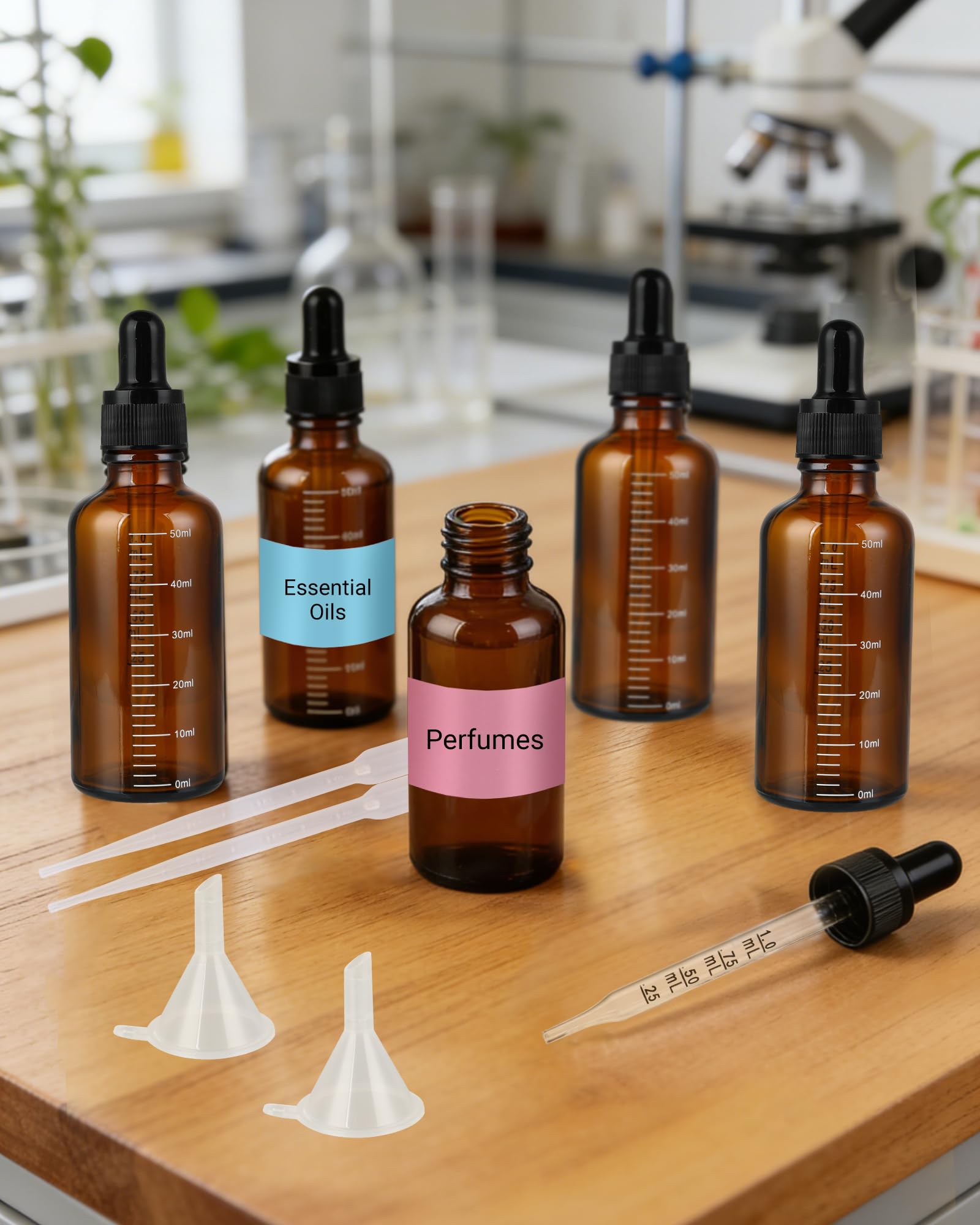 6 flacons pipette 50 ml – flacon compte gouttes en flacon verre ambré avec 2 entonnoirs, 2 pipettes et 1 feuille d’étiquettes, idéal pour huiles essentielles, aromathérapie et laboratoire