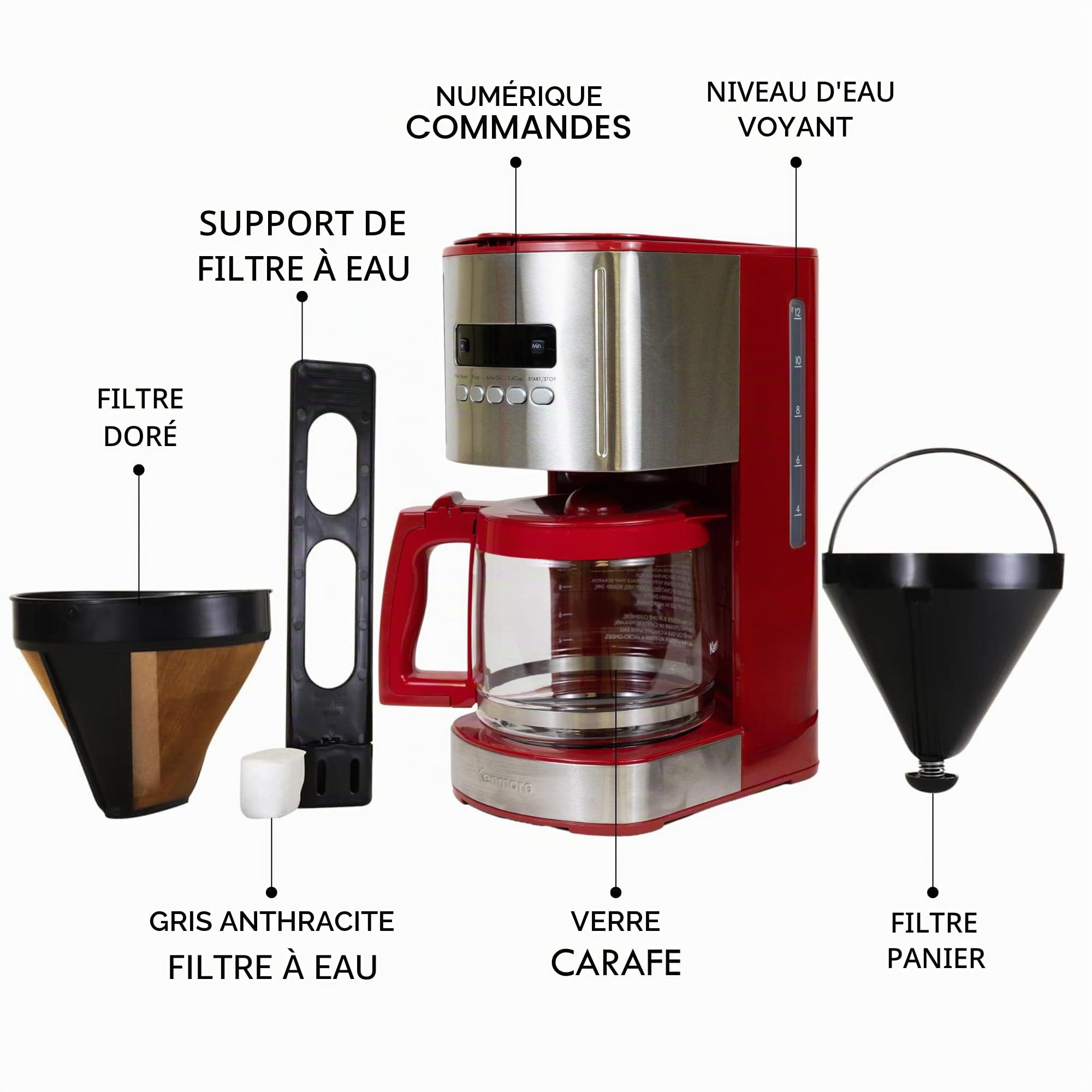 Cafetière à filtre Kenmore 12 tasses avec verseuse en verre de 1,8 L pour café moulu, affichage numérique, minuterie programmable, filtre réutilisable, chauffe-filtre, arrêt automatique, rouge.