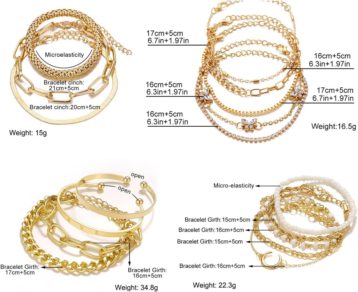28pcs Gold Chain Bracelets Set for Women 14K Gold Plated Multiple Layered Bangle Adjustable Link Bracelet Anklet Fashion Accessories Jewelry Gift - Image 3