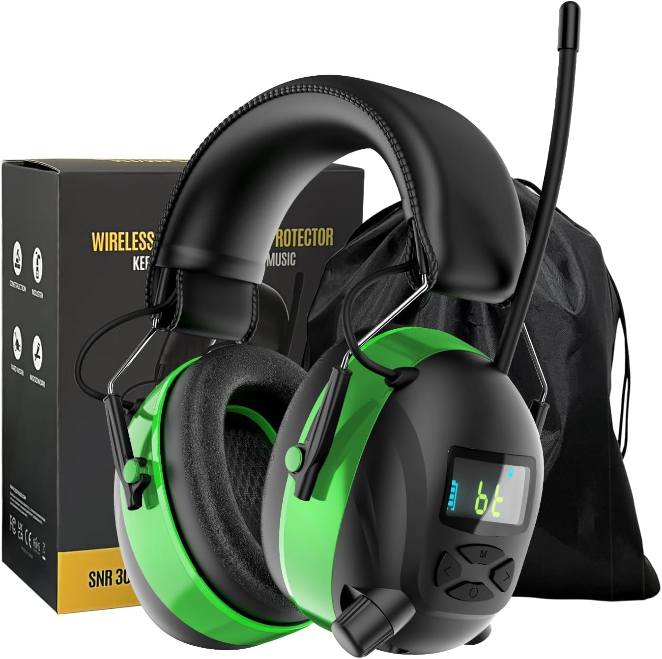 Bluetooth 6.0 AM/FM Hearing Protection, Radio Headphones with Digital Display, 30 SNR Noise Reduction Safety Earmuffs with Rechargeable 2000 mAh Large Battery, Ear Protector for Mowing Lawn Work
