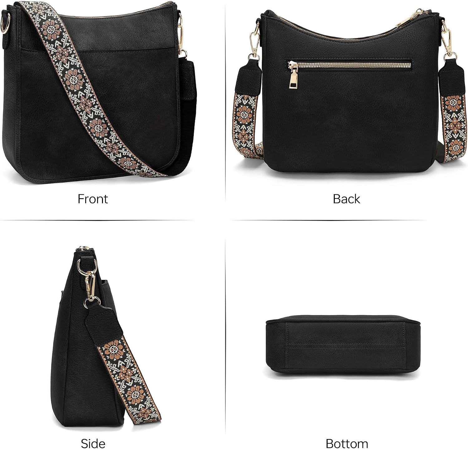 GEMIU Crossbody Purse Hobo Crossbody Bags for Women Trendy Vegan Leather Shoulder Handbags with Guitar Strap Black