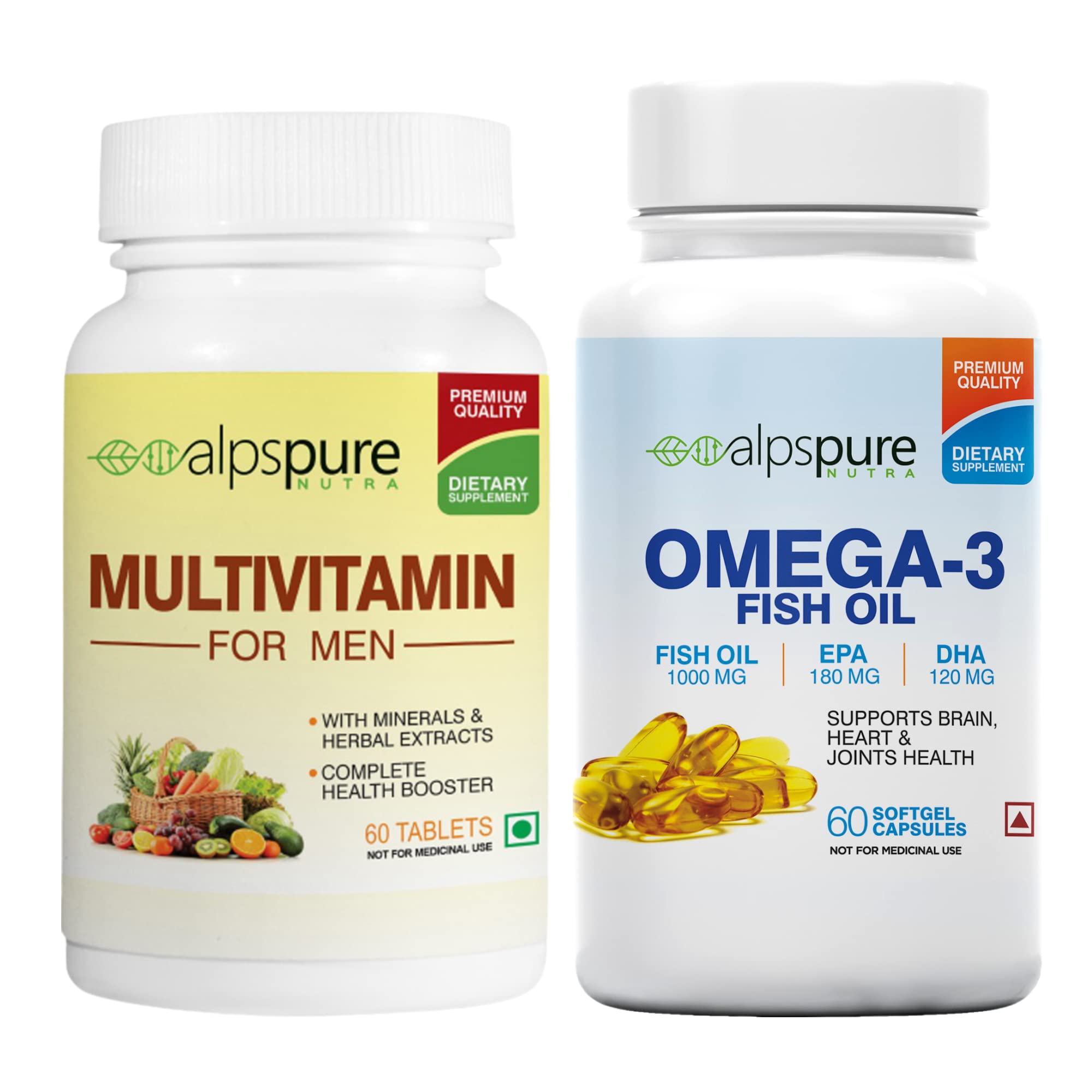 Alpspure Nutra Multivitamin Men 60 Tablets & Omega 3 Fish Oil 1000 mg 180 EPA,120 DHA 60 Softgel Capsules, Boosts Energy, Stamina & Immunity Complete Health Booster (Combo)