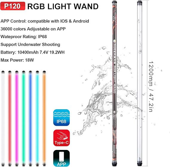 P120 RGB Handheld Photography Light, APP Control 1350 Lumen LED Video Light Wand 360Full Color 12 Lighting Modes CRI95 IP68 Waterproof Built-in Rechargeable Battery 3000k 5750k Colorful Stick
