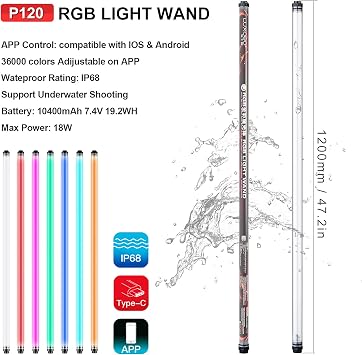 P120 RGB Handheld Photography Light, APP Control 1350 Lumen LED Video Light Wand 360Full Color 12 Lighting Modes CRI95 IP68 Waterproof Built-in Rechargeable Battery 3000k 5750k Colorful Stick