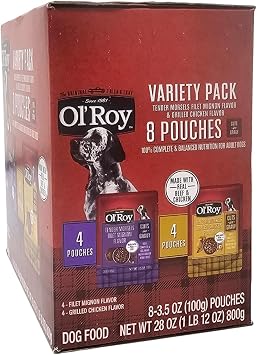Ol' Roy Wet Dog Food Variety Pack Tender Morsels Filet Mignon and Grilled Chicken, 3.5oz Pouch (8 Count)