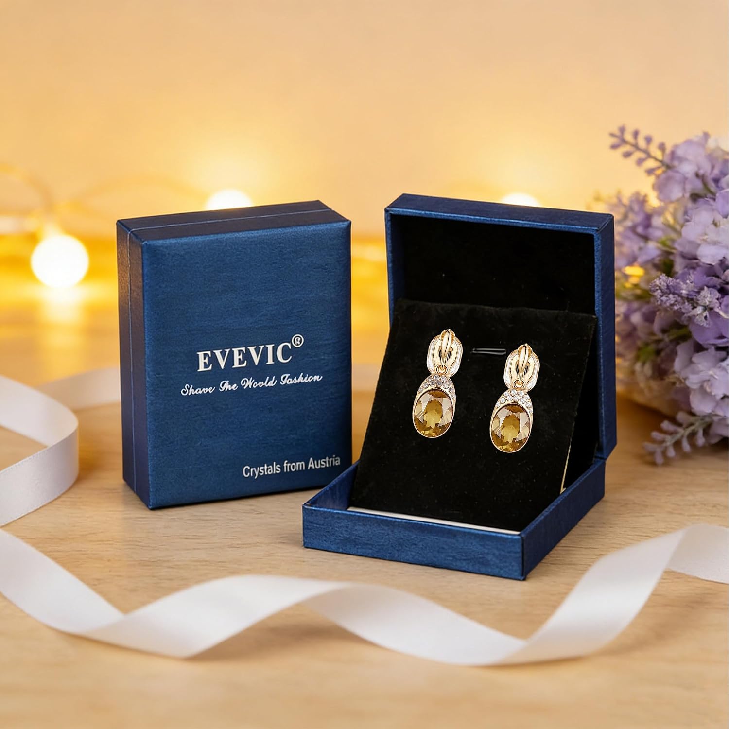 EVEVIC Austrian Crystal Oval Drop Clip On Earrings for Women Trendy 14K Gold Plated Hypoallergenic Non Piercing Dainty Fashion Earrings Comfortable Jewelry Gift