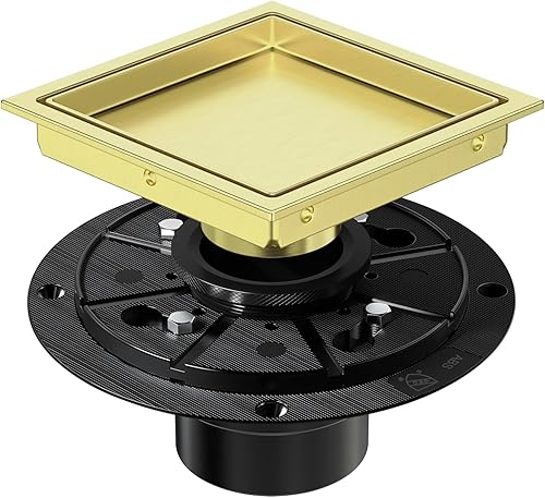 EXF Coladera de ducha cuadrada de 6 pulgadas dorada cepillada con rejilla de inserción de azulejos, desagüe de suelo de ducha de acero inoxidable