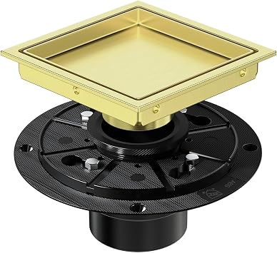 EXF Square Shower Drain 6 Inch Brushed Gold with Tileable Grate | Stainless Steel, Anti-Clog, Removable Grate Hair Strainer, for Modern Bathroom Remodel Curbless Shower