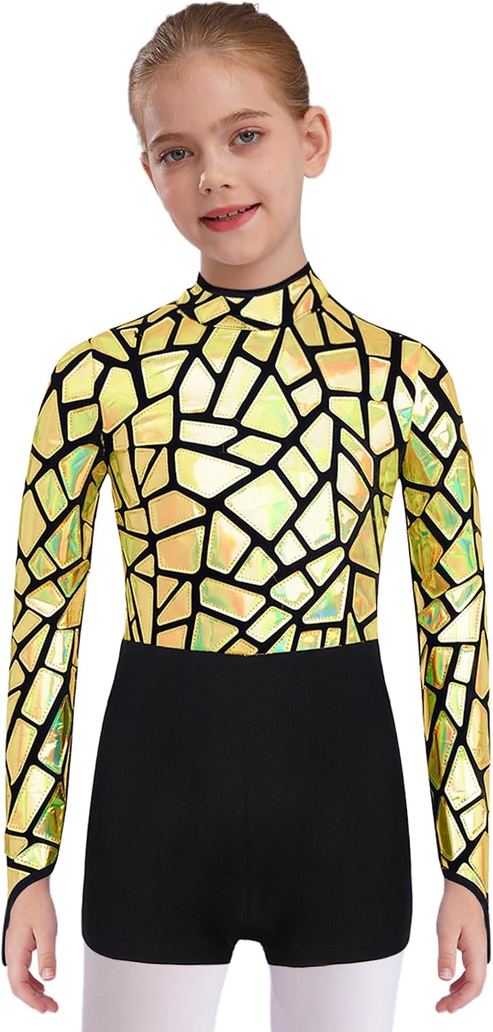 iiniim Kids Girls Metallic Graphic Gymnastics Unitard Long Sleeve Mock Neck Biketard Dance Leotards for Competitions