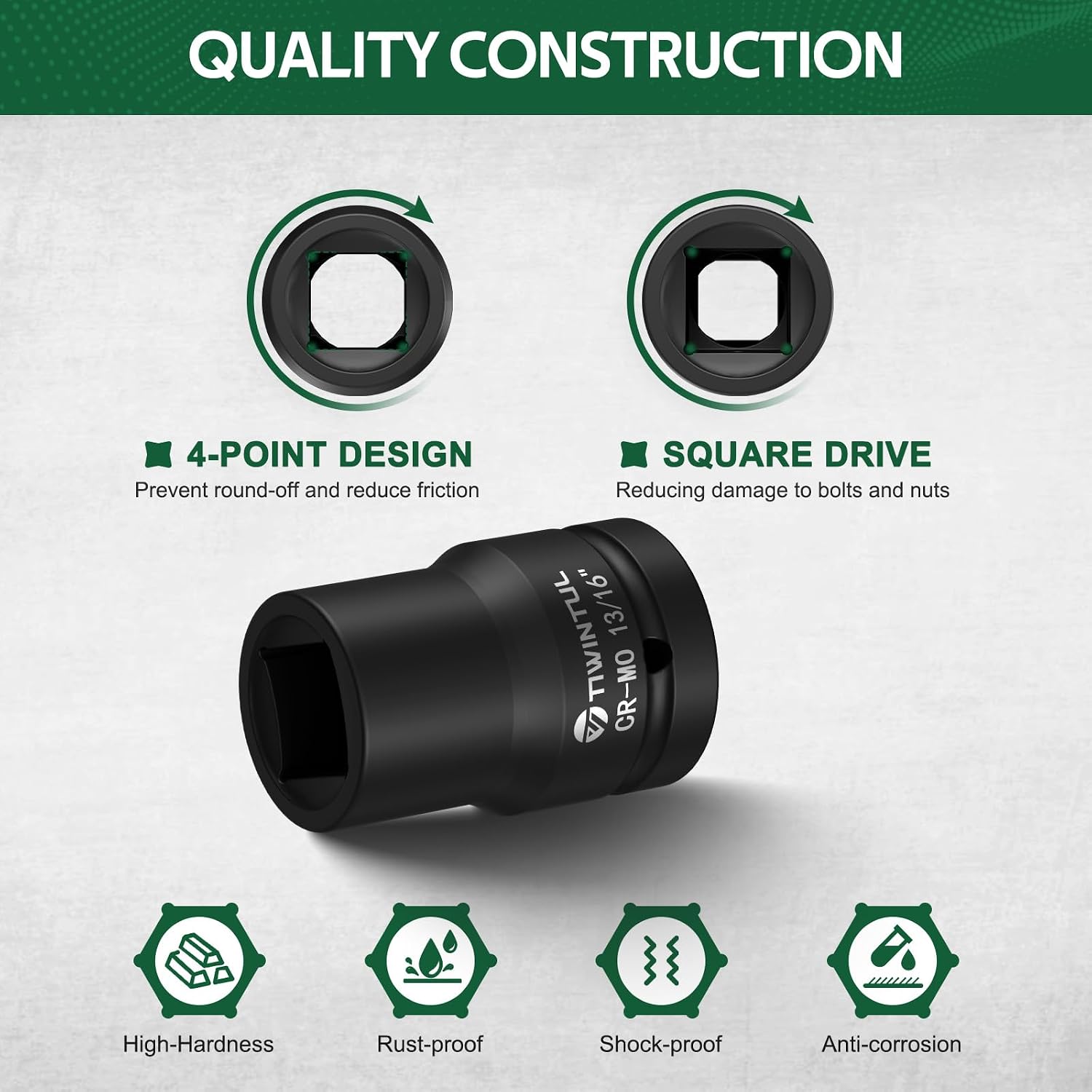3/4" Drive Shallow Impact Socket Set, 16PCS 6-Point SAE (3/4” to 1-13/16”), 13/16” Square Socket, Heavy Duty Impact Socket Set with 1/2"F to 3/4"M Adapter for Auto, Truck, Large Equipment