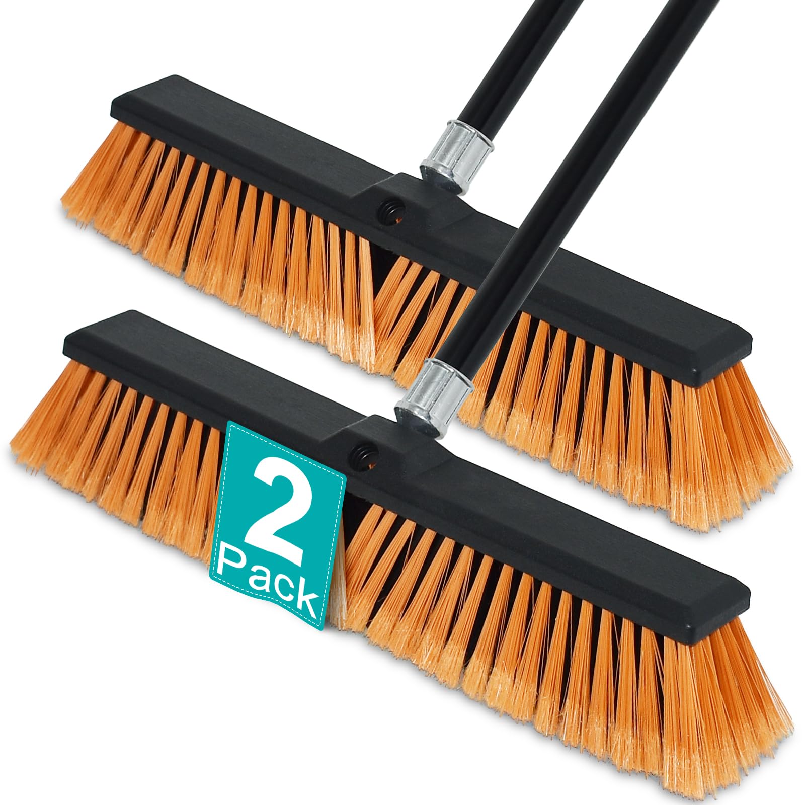 pbhepj 18 inchs push broom outdoor heavy duty, shop broom with 60" long handle for cleaning outdoor or indoor tile, garage, shop, deck, concrete, wood, stone, patio floor, 2 pack