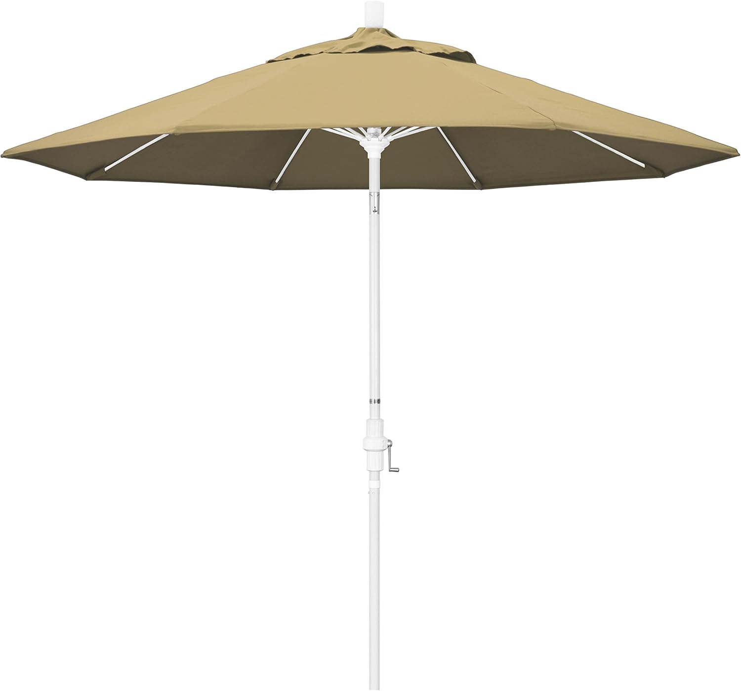 California Umbrella 9' Round Aluminum Pole Fiberglass Rib Market Umbrella, Crank Lift, Collar Tilt, White Pole, Champagne Olefin