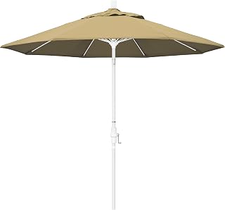 California Umbrella 9' Round Aluminum Pole Fiberglass Rib Market Umbrella, Crank Lift, Collar Tilt, White Pole, Champagne Olefin