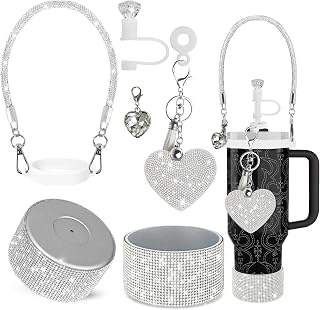6PCS Diamond Glitter Stanley Cup Accessories Set 30&40 Oz, Includes 1 Diamond Silicone Boot, 1 Diamond Handle Strap, 1 Straw Covers,1 Straw Adapters Charm Blank with 2 Glitter Charms