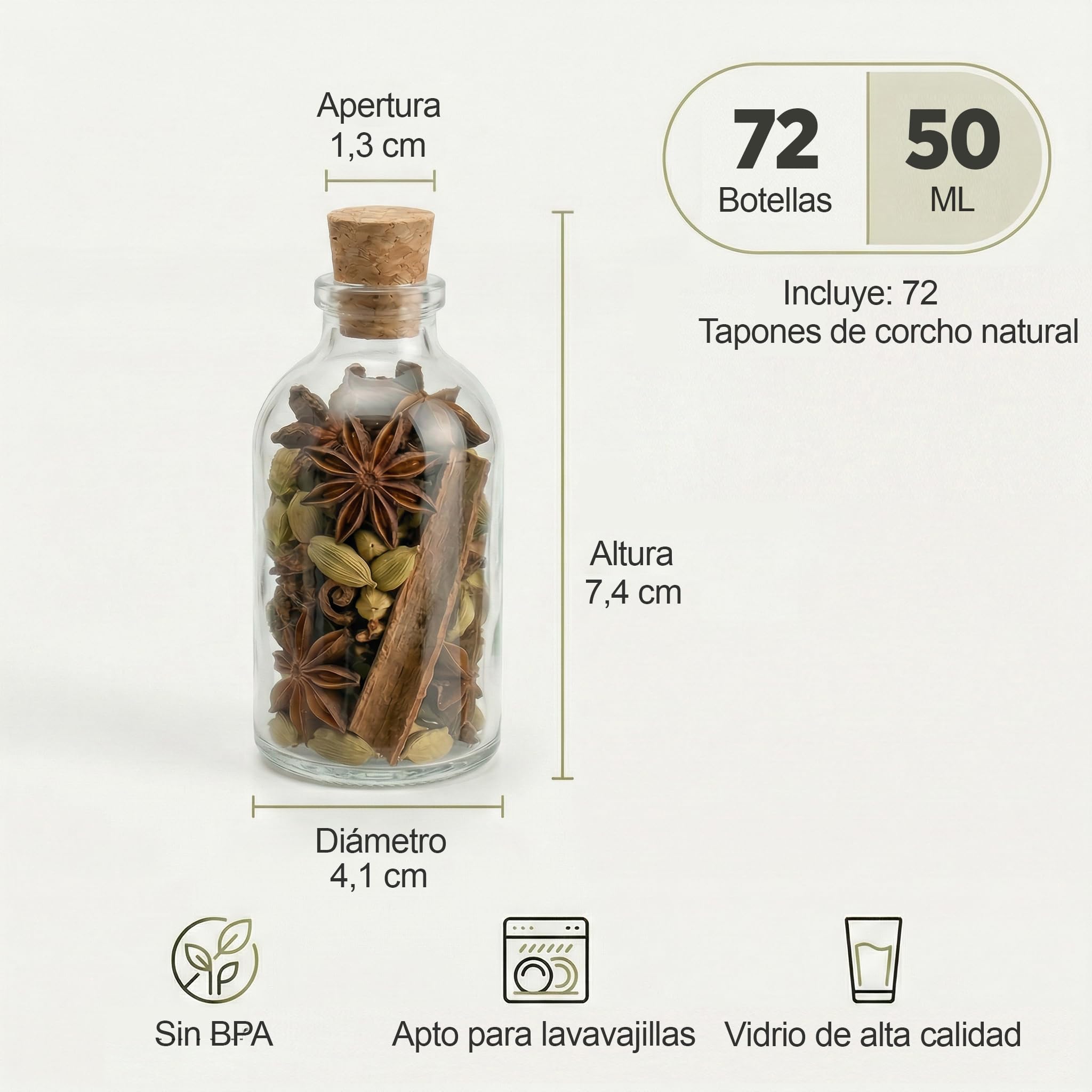 Mini Botellas de Cristal Con Corcho, 50 ml, 72 Unidades, Transparentes Para Rellenar y Licor (TR)