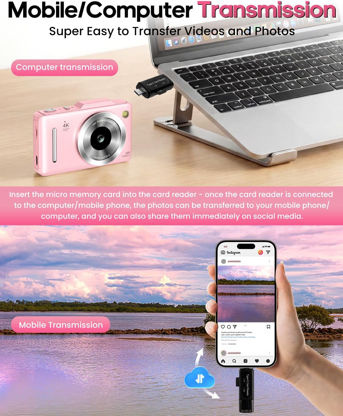 Digital Camera 4K Autofocus Vlogging Camera for Photography with 16X Zoom Anti Shake, 32GB Card, 48MP Compact Portable Point and Shoot Camera for Kids Boys Girls Teens Beginner（Pink）