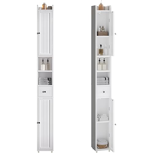 ChooChoo Narrow Bathroom Storage Cabinet with Adjustable Shelves, Tall Storage Cabinet with 2 Doors and 1 Drawer, Freestanding Cupboard for Small Spaces, White