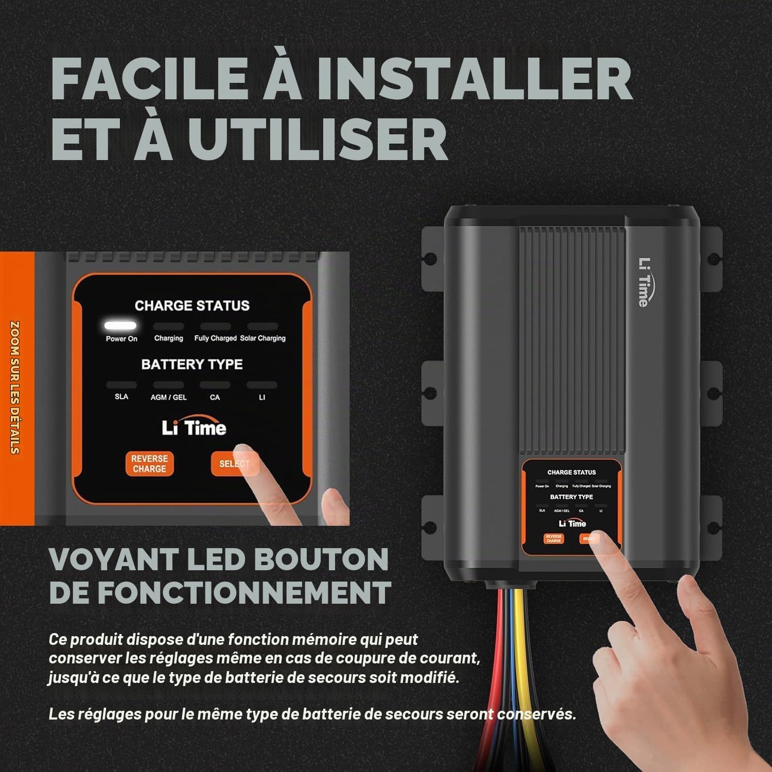 LiTime Type-C Chargeur Rapide 12V 40A DC to DC Chargeur de Batterie Convient Aux Batteries 12V Au Lithium Fer Phosphate, Plomb Acide, SLA, Gel, AGM, Calcium