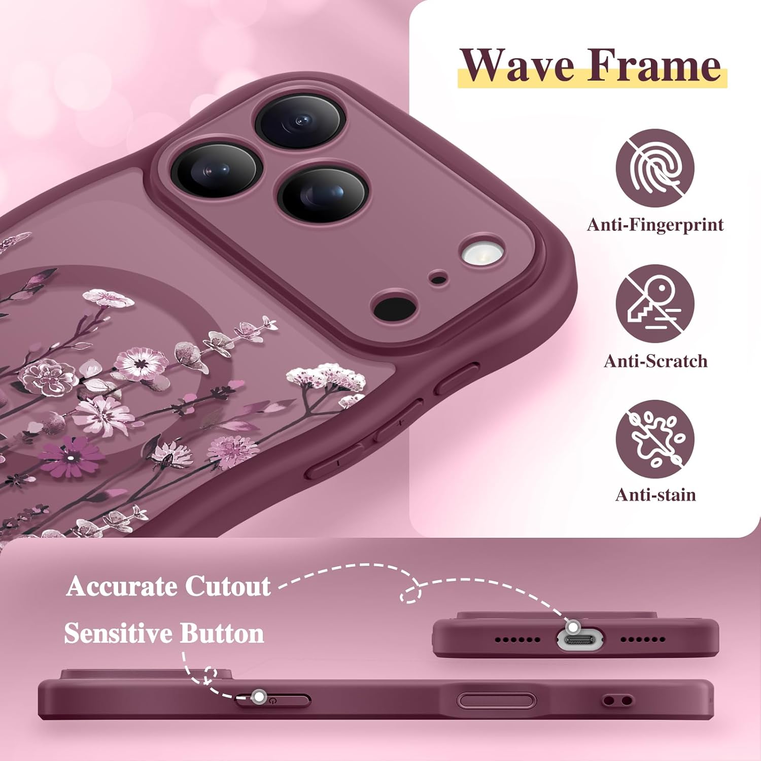 GVIEWIN for iPhone 17 Pro Max Case Compatible with MagSafe [Curly Wave Edge][Full Camera Protection] Floral Translucent Shockproof Magnetic Women Phone Case for 17 Pro Max, Floratopia/Burgundy