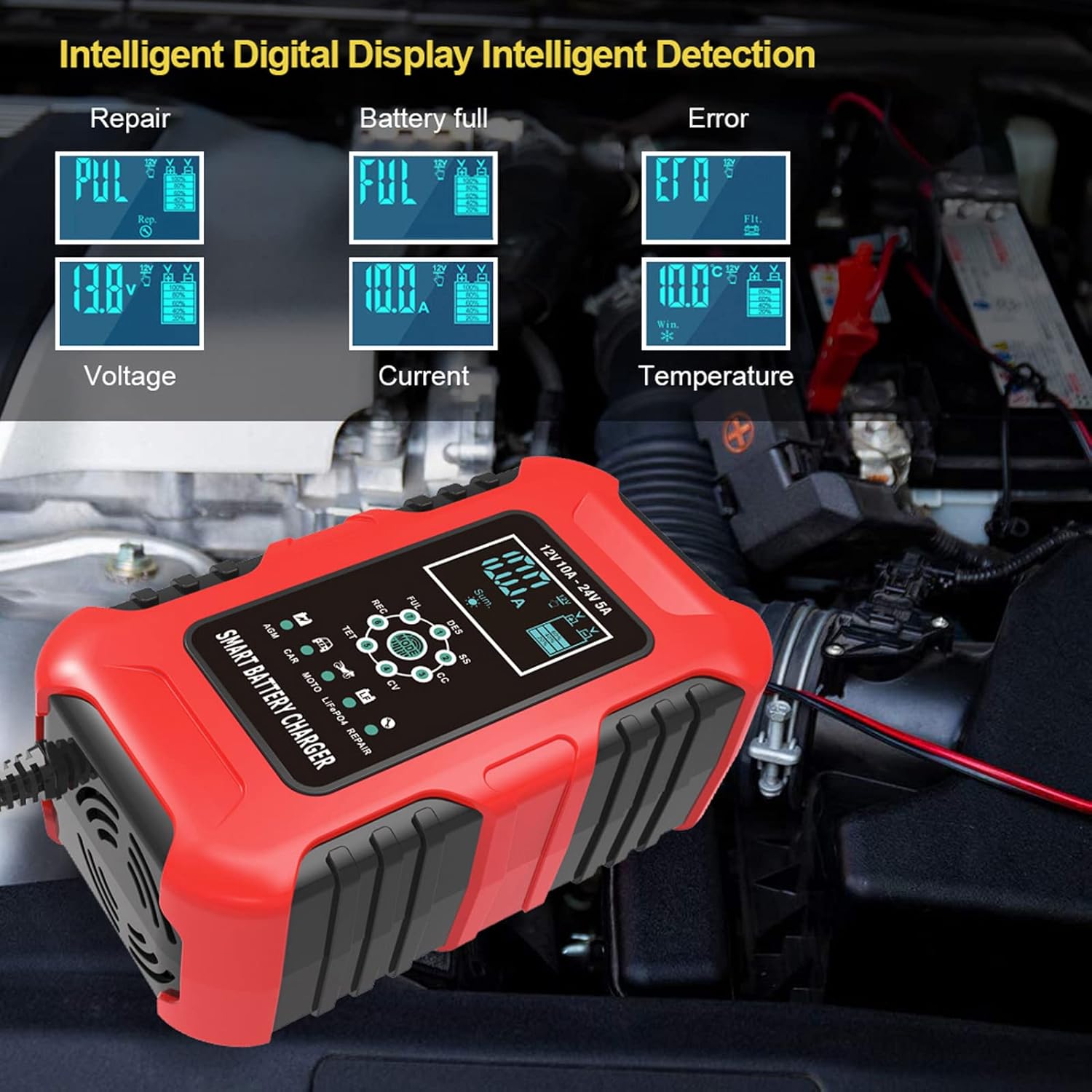 Battery Trickle Charger 12V & 24V,10-Amp Multifunctional Battery Charger Wet/GEL/SLA/LiFePO4/Lead-Acid/AGM Batteries,7-Stage Quick Charger Truck Motorcycle Car ATV Lawn mower RV Tractor, Red