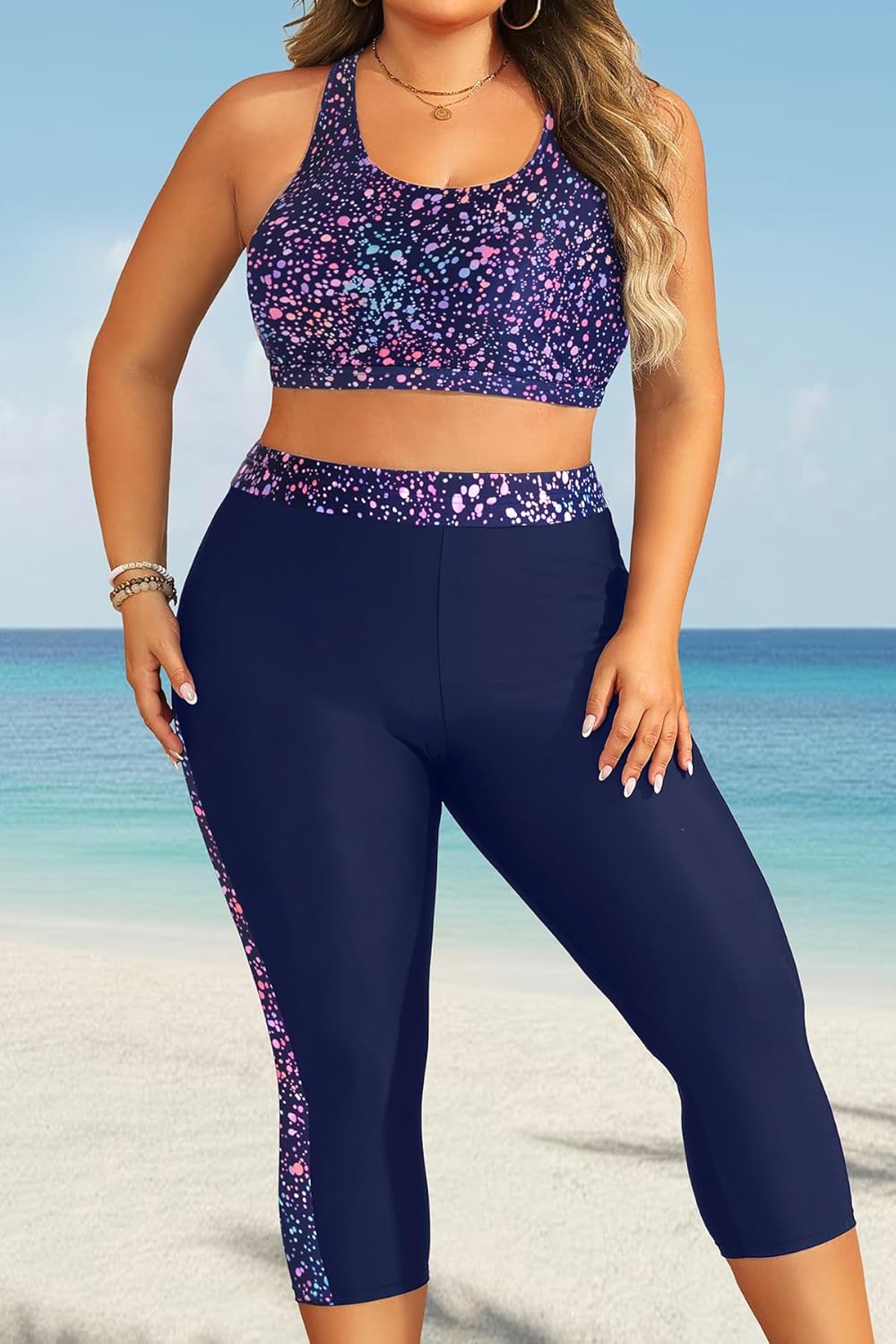 Yonique 3 Piece Plus Size Swimsuits for Women Tankini Tops with Sports Bra and Swim Capris Athletic Bathing Suits