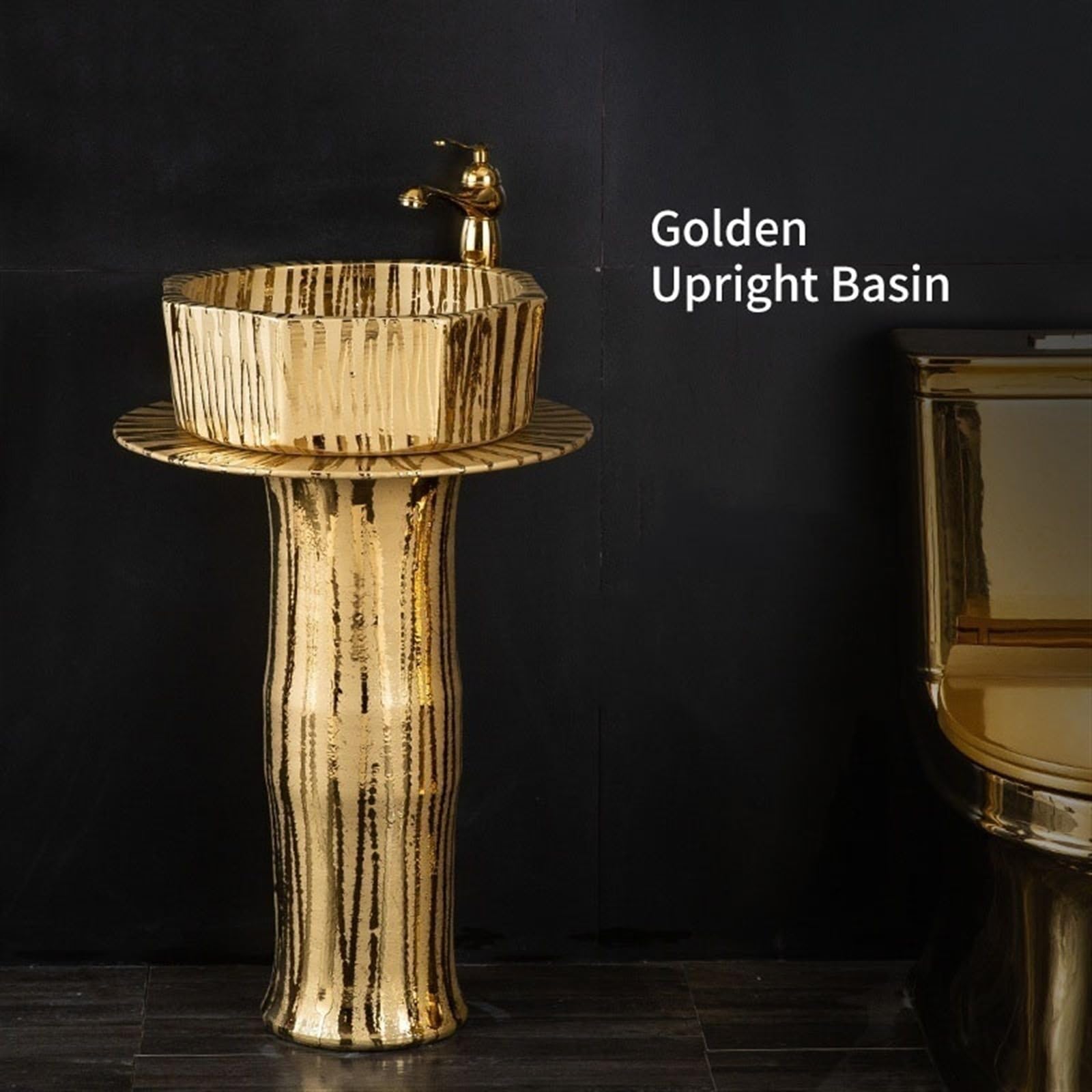Fregadero de lavabo de pie de 3 piezas, lavabo dorado de lujo con grifo y drenaje y espejo, tamaño A, B-One Size