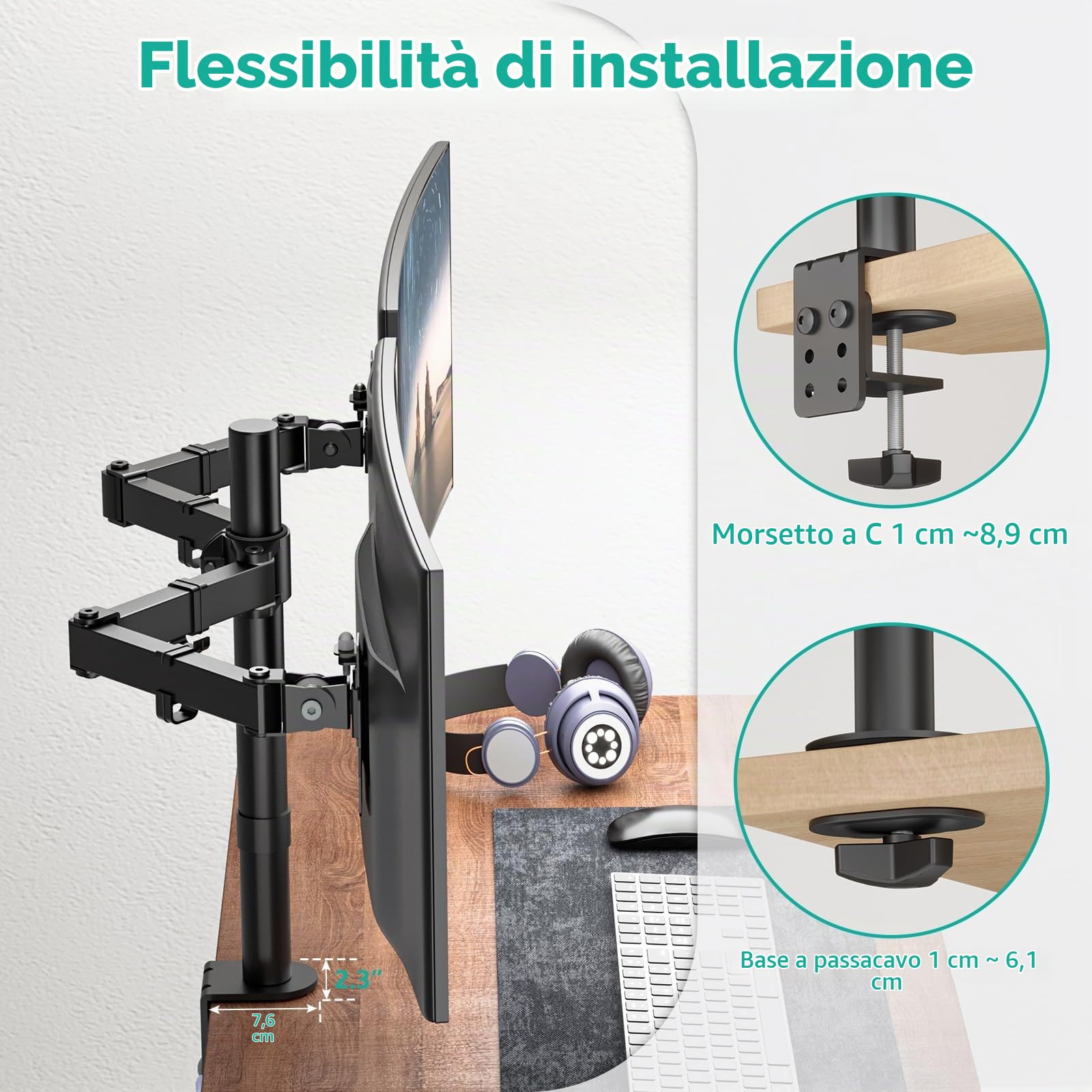WALI Braccio Monitor Doppio per Schermi 13-27”, Supporto per Doppio Monitor con Morsetto Scrivania Supporto, Altezza Regolabile Inclinazione Girevole Ruotare - VESA 75/100mm(M002)