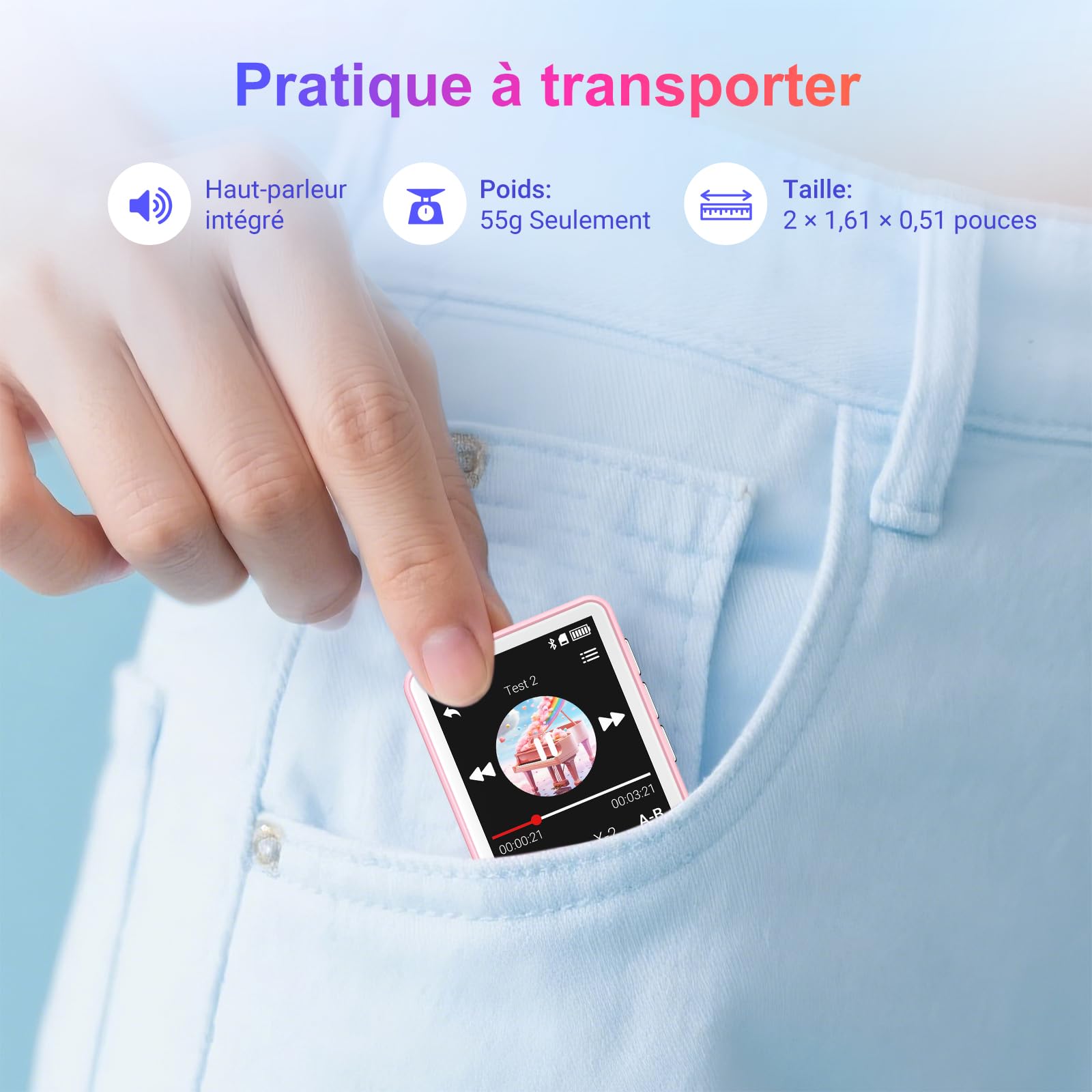 Lecteur MP3 Bluetooth, 128 Go Lecteur de Musique, Haut-Parleur Intégré et Radio FM, Mini écran Tactile de 1,8'' MP3 - Parfait pour Enfants et Les Sports (Rose)
