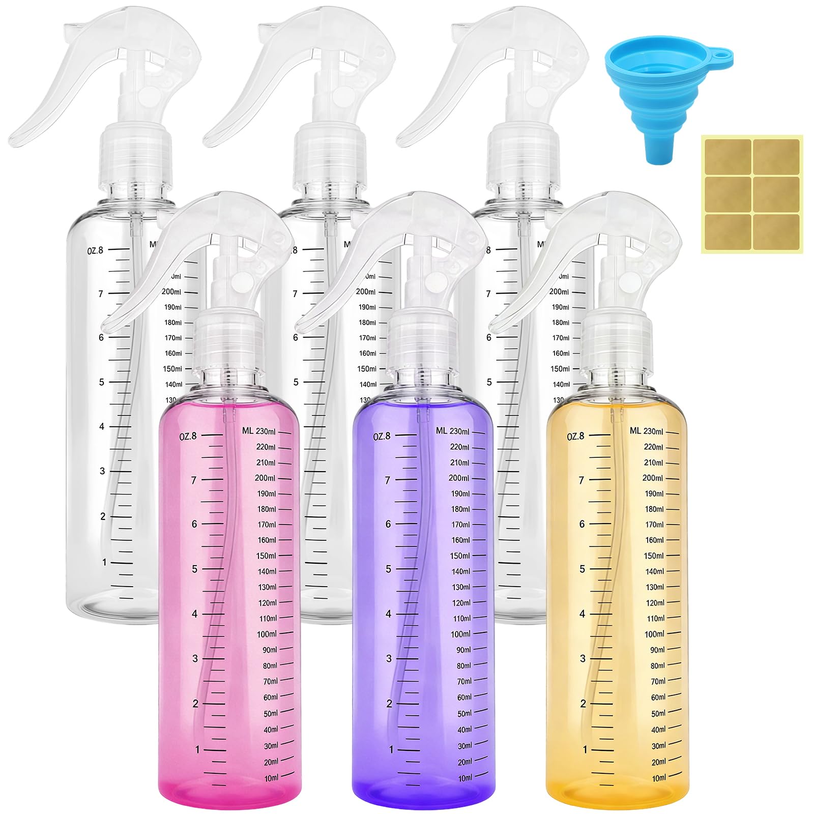HavaCue 6Pcs 250ml Spray Bottles for Cleaning, Fine Mist Water Spray Bottle for Hair, Gardening and Essential Oils With Foldable Funnel, Label Sticker