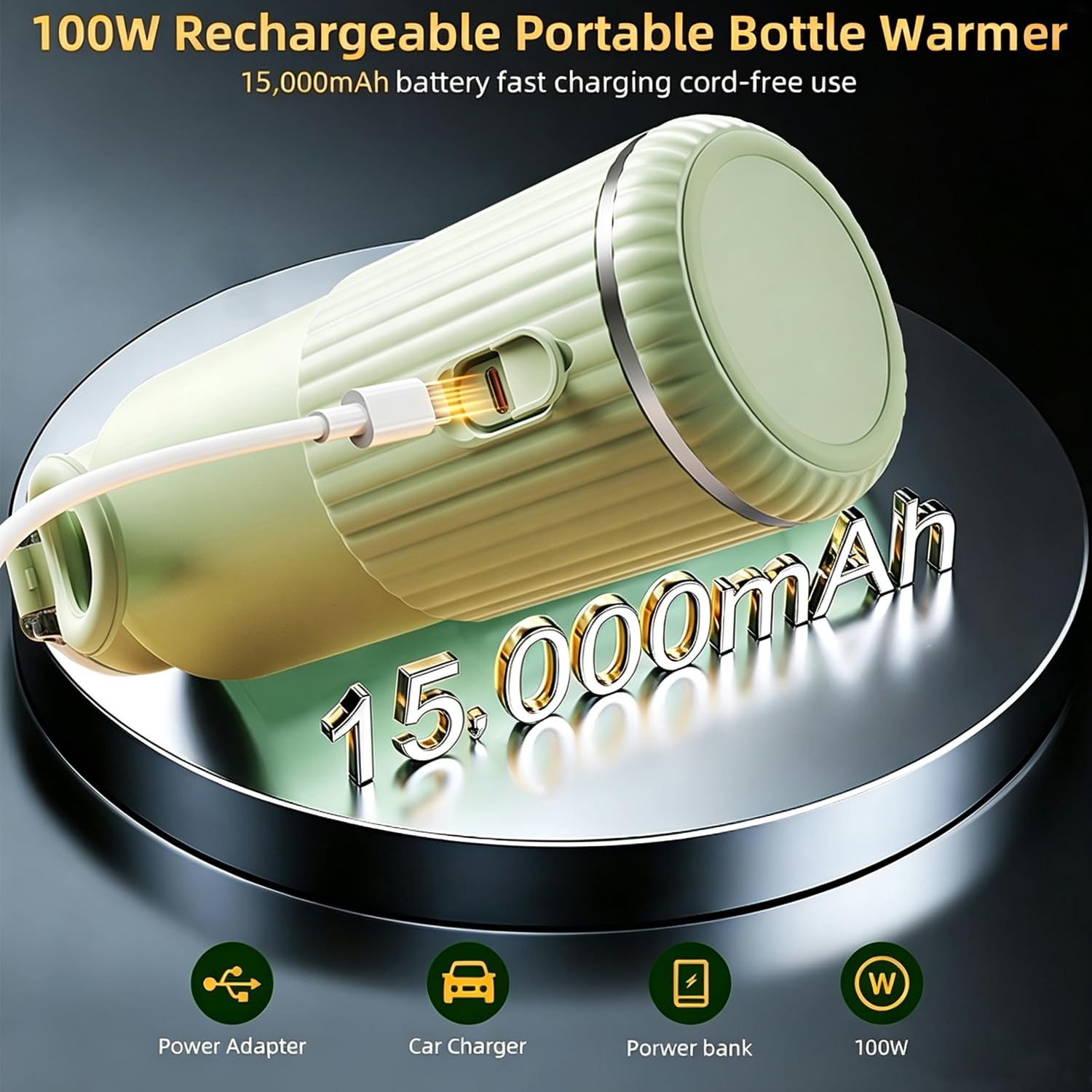 Scaldabiberon portatile da viaggio, scalda latte per bambini con riscaldamento rapido e lunga durata della batteria, 473,6 g, grande capacità, con funzione di mantenimento del caldo a lunga durata