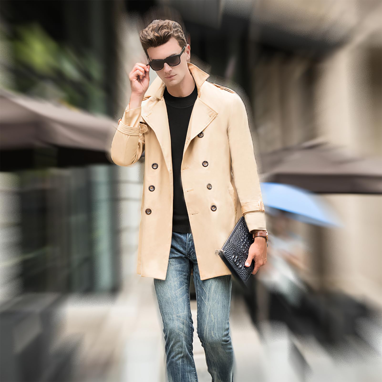 amropi Herren Trenchcoat Zweireihiger Revers Winddicht Mantel Windjacke mit Gürtel
