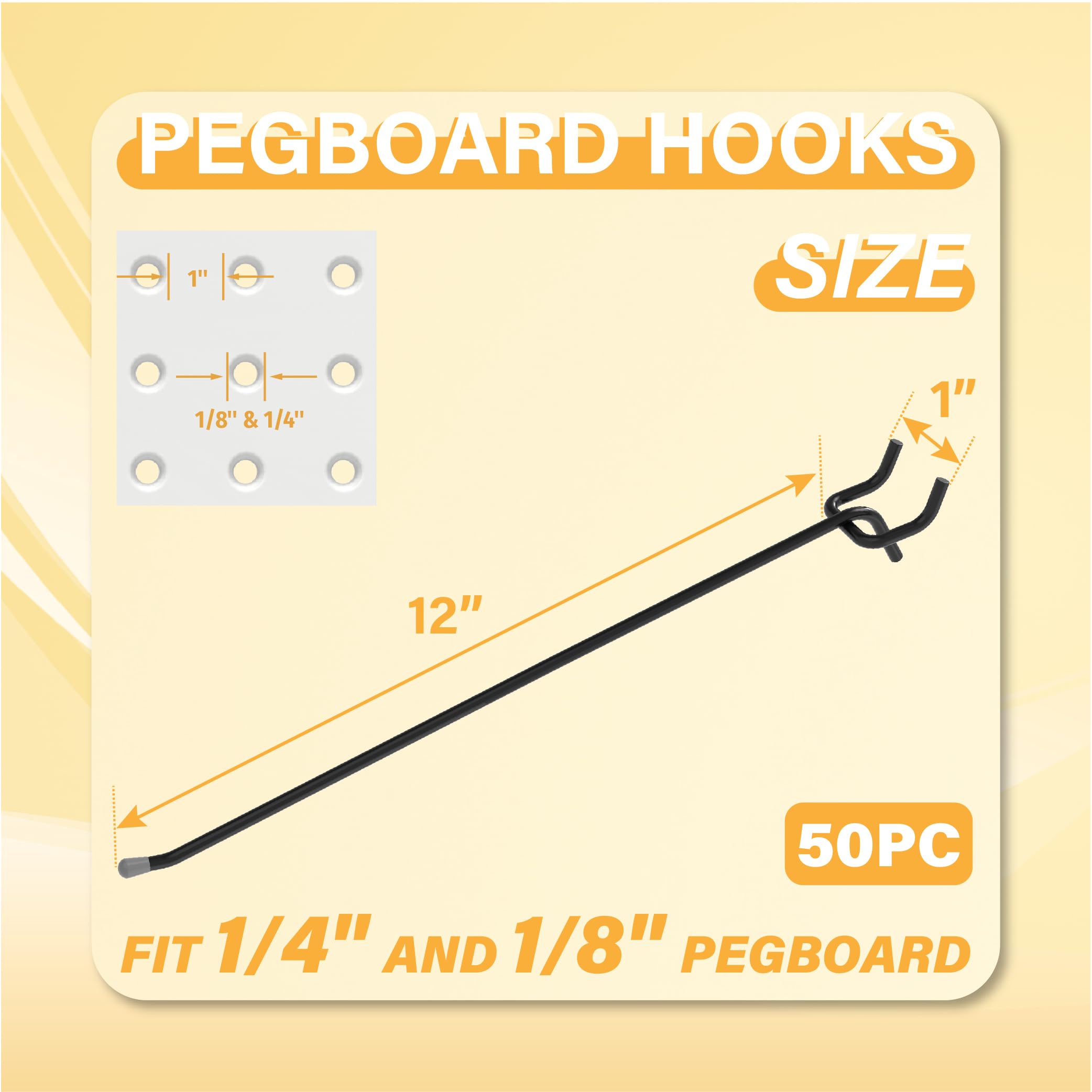 BFPeaky Heavy Duty Pegboard Hooks 12 Inch - 50 pcs Peg Board Hooks for Hanging, Black Metal Pegboard Organizer Accessories Garage, Workshop, Home, and Store