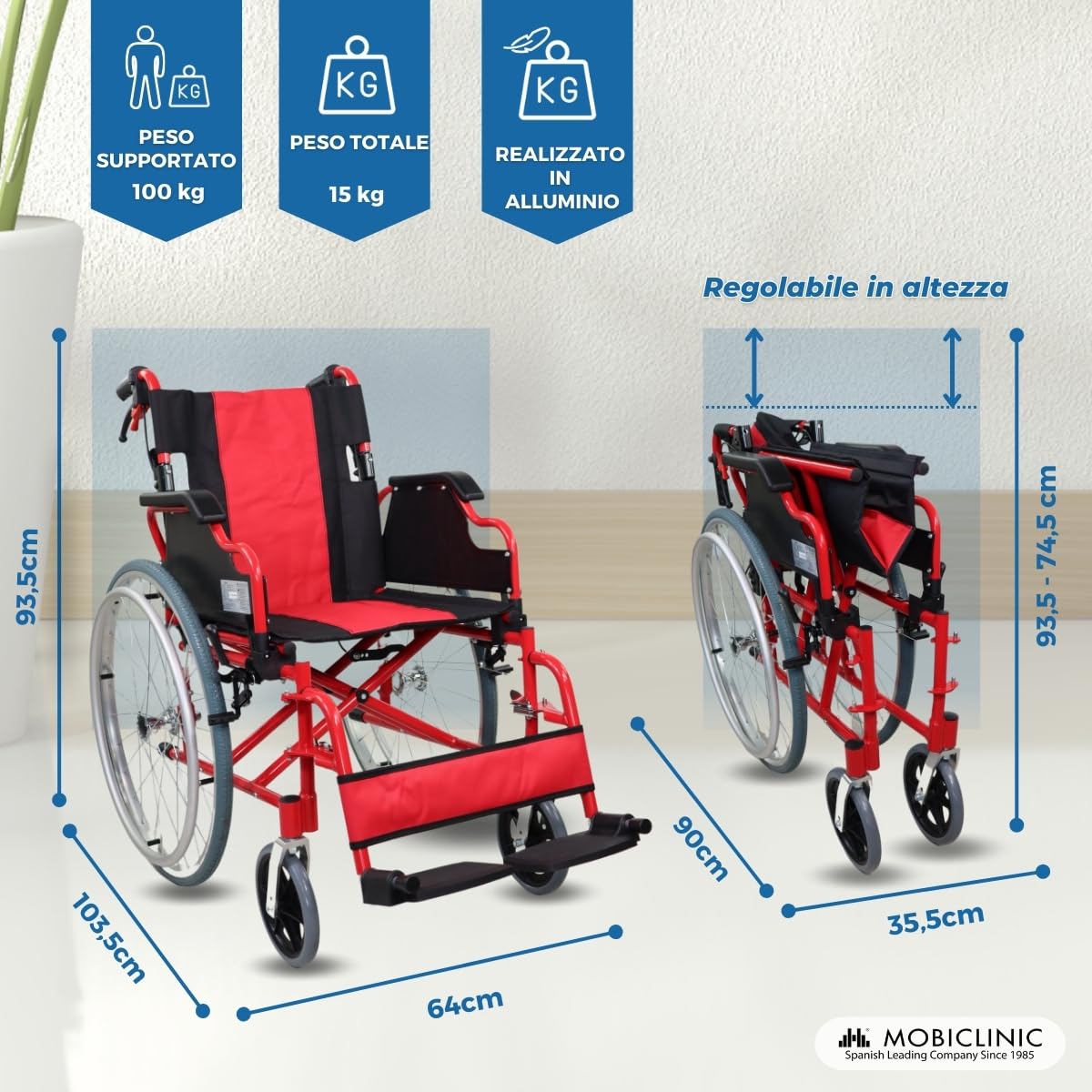 Mobiclinic, Sedia a rotelle pieghevole, Torre, Alluminio, Doppio sistema frenante, Poggiapiedi pieghevoli e rimovibili, Braccioli, Schienale diviso, Sedile 44 cm, Ultra leggero
