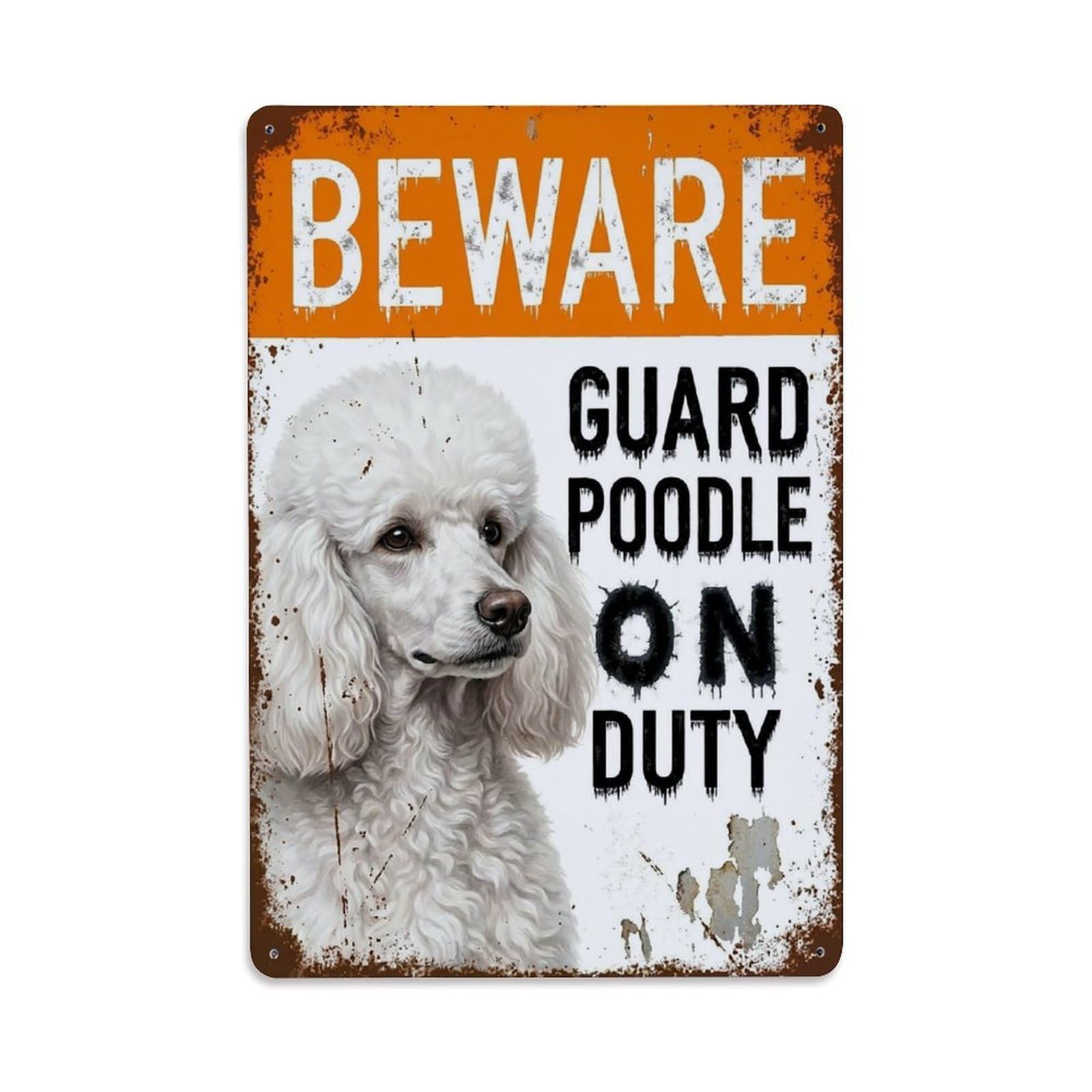 Vintage Funny Poodle Guard Beware of Dog Lawn Metal Tin Sign Plaque Wall Decor for Cafe, Club Bar, Office, Garden Metal Poster 8x12Inch