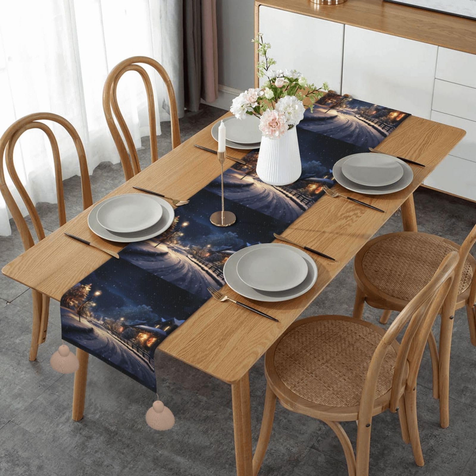 Chemin de table de Noël lin anti-pli imprimé neige déco de table à manger fixe
