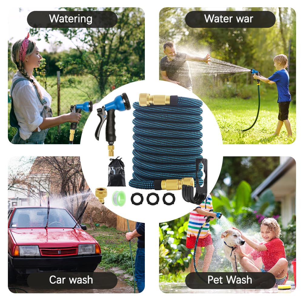 15M/50ft Flexibler Gartenschlauch, 10 Sprühmodi, Wasserschlauch Dehnbar, Adapter für 1/2' 3/4' Zoll, Schlauch Flexibel Bewässerung Mit Wandhalterung und Aufbewahrungstasche für den Außenbereich