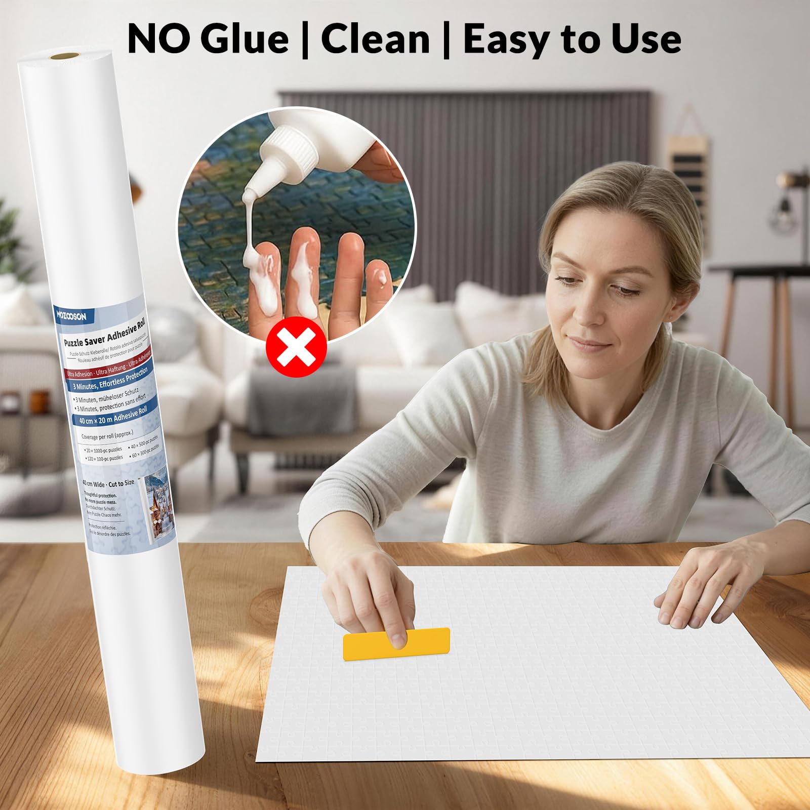 Pegamento para Puzzles en Rollo - 40cm x 20m Lámina Adhesiva de Aluminio para Conservar Puzzles Hasta 20 x 1000 piezas, Soporte Reforzado Anti-Humedad y Sin Deformación, Incluye Espátula de Aplicación