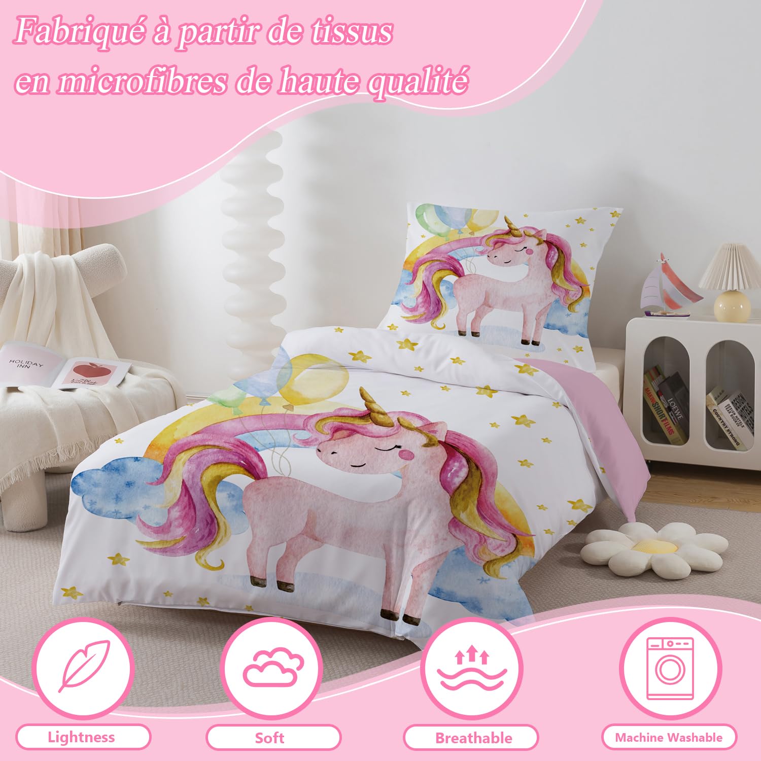 Licorne Enfant Housse de Couette, Fille Parure de Lit 90x190cm - Microfibre Parure de Couette avec Fermeture Eclair + 1Taie d'oreiller 40x60cm