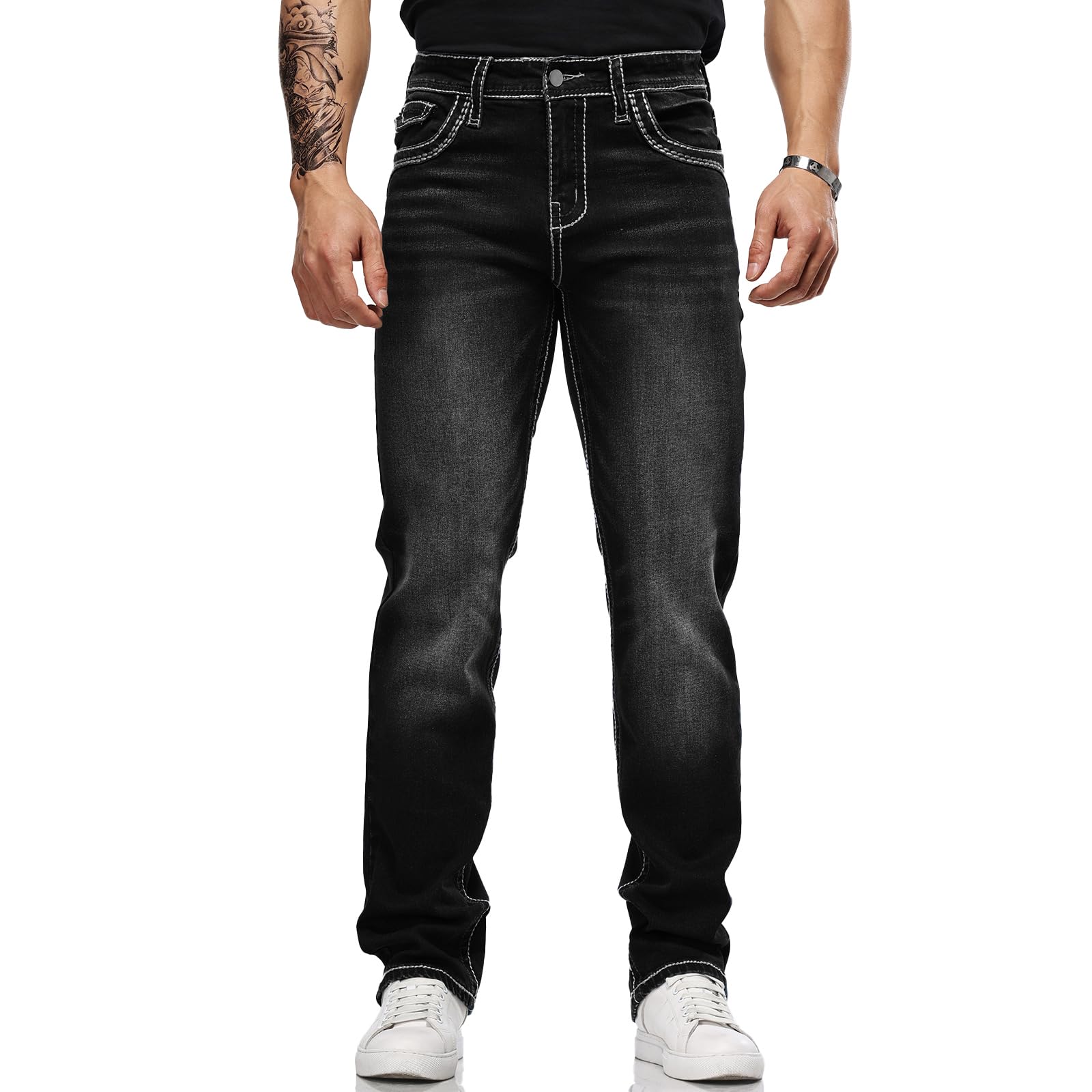 Men's Stretch Denim Jeans Classic Jeans with Embroidered Design, ESDVD Street Style Regular Jeans Relaxed Fit Pants Comfy