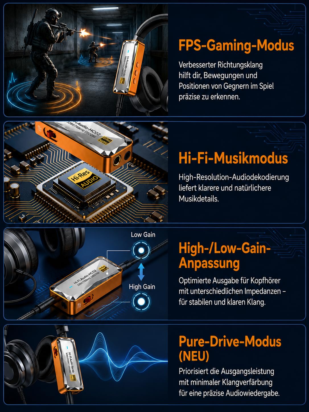 USB-C DAC Kopfhörerverstärker, 3,5 mm und 4,4 mm, HiFi DAC Dongle mit CS43198, 32 Bit/768 kHz, DSD256, tragbarer Audioadapter für Smartphone, Tablet, Laptop und PC, Orange