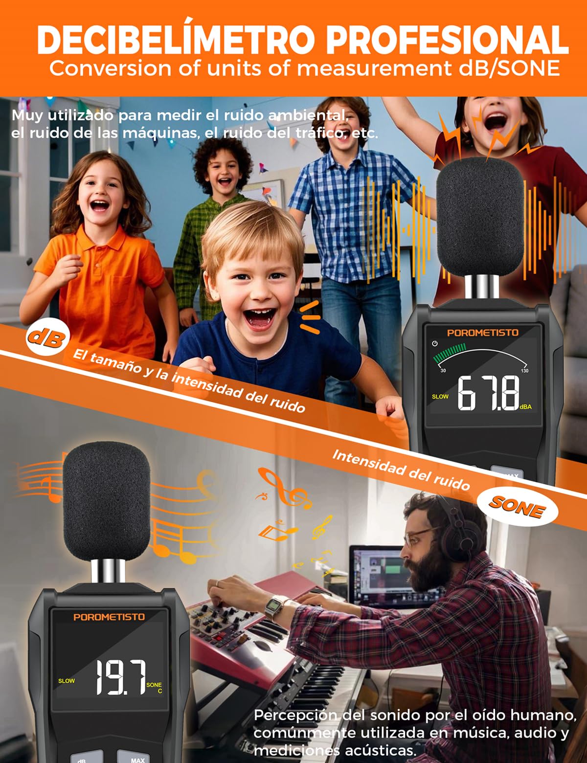 SL01 Sonometro - Medidor De Decibelios Profesional 30-130dB ±1.5dB, Pantalla LCD con Retroiluminación, Ponderación A/C, Respuesta Rápida/Lenta, para Vecinos Ruidosos, Hogar y Oficina