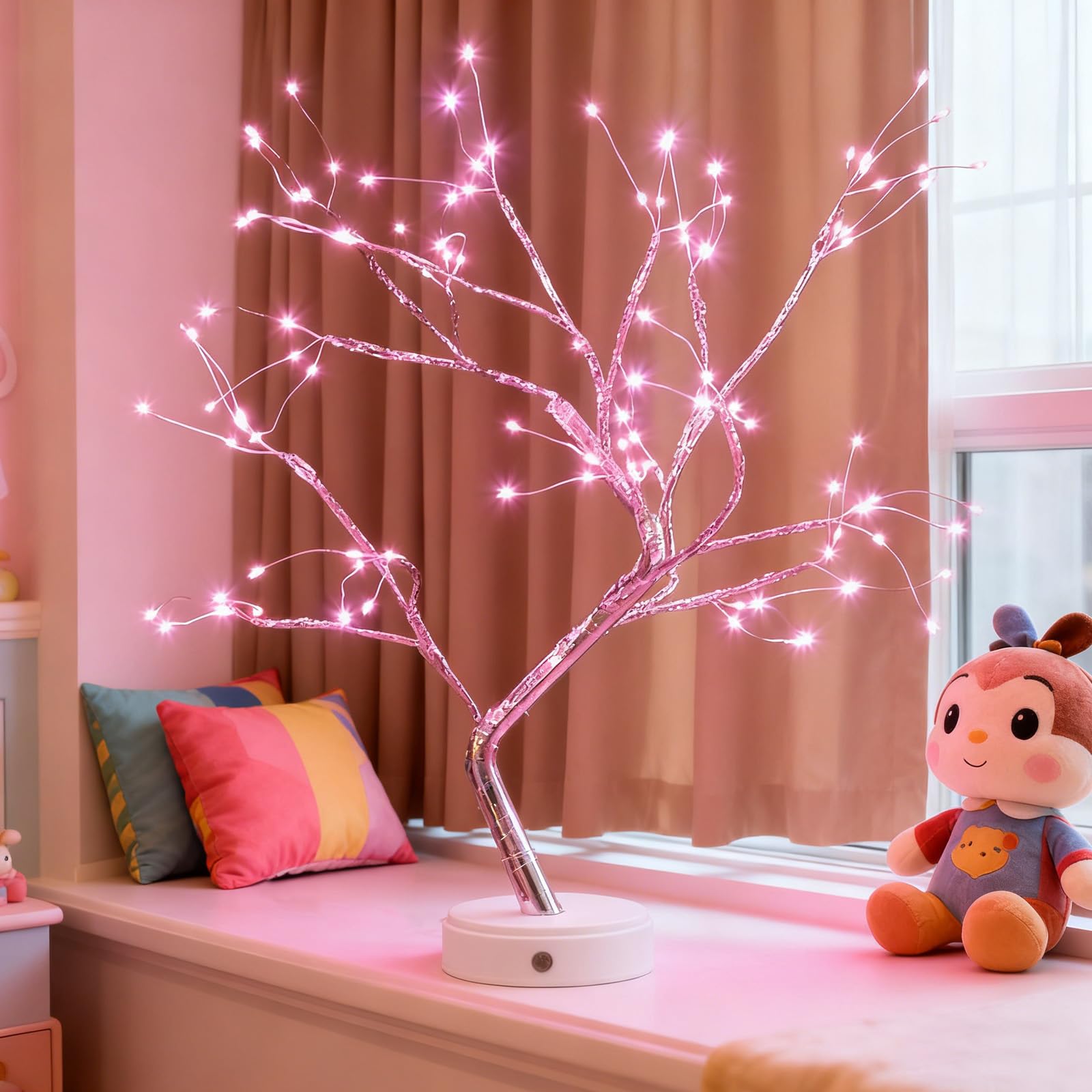 Desktop Bonsai Light Tree 20 Inches Cute Room Decor Aesthetic Decor Silver Matte Branch Pink Night Light Lamp Support USB/Battery Powered Suitable for Home Interior Desktop Decoration — image 1