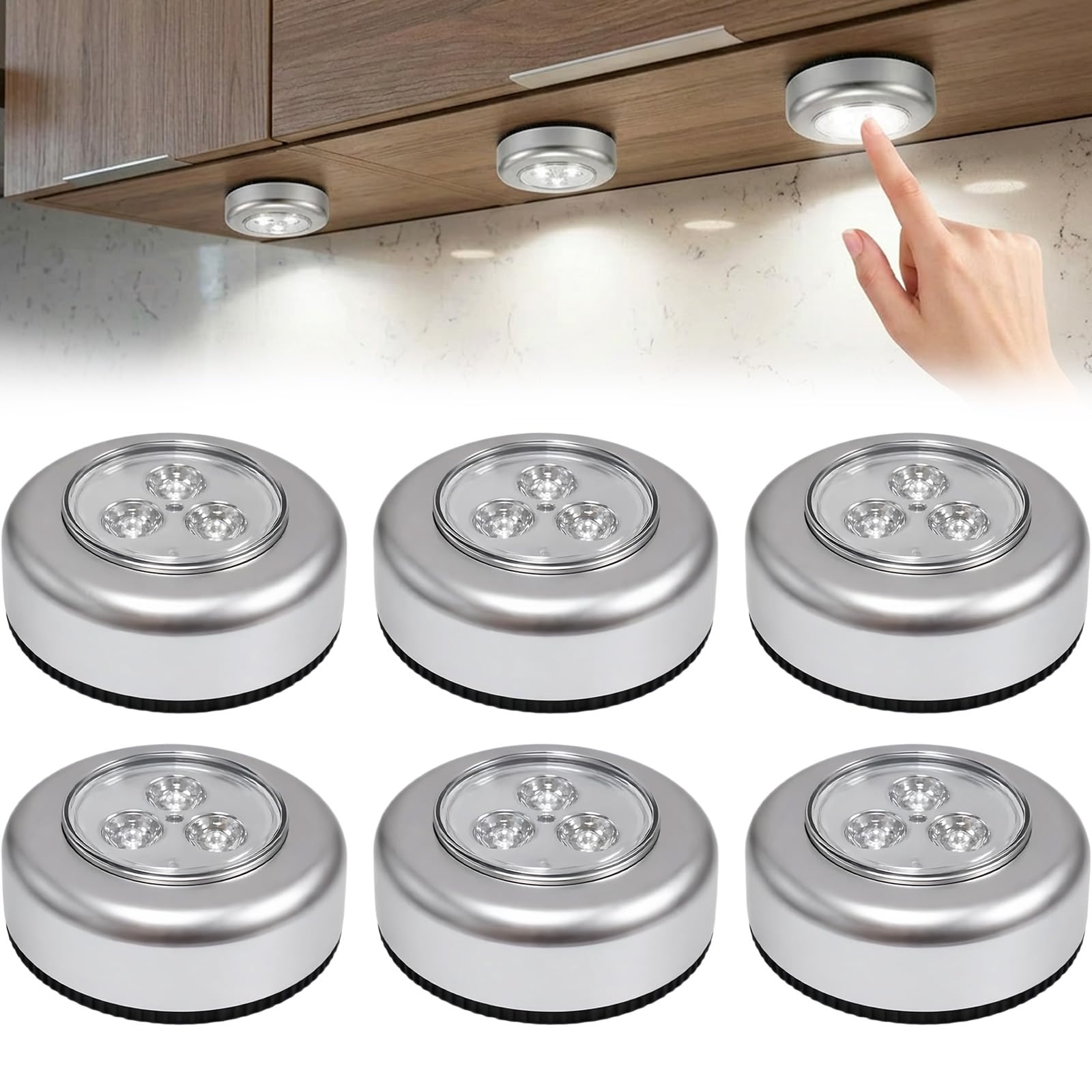 6Pcs Stick On Push LED Night Light, Battery Powered Wireless Touch Light, Self-Adhesive Wall Lamp, Cordless Under Cabinet Lighting for Closet, Wardrobe, Kitchen, Stairs,Hallway & Storage Room(Silver)