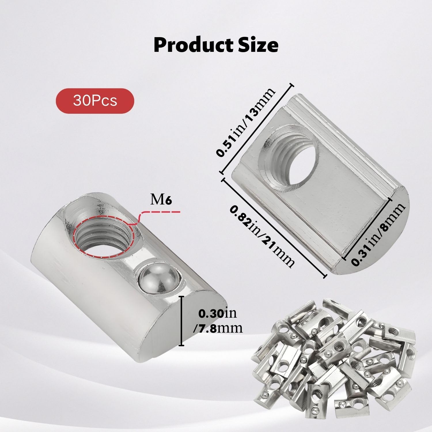 Pack of 30 T-Slot Nuts M6 with Spring Ball Nut 6 for 30 Series Aluminium Profile - Carbon Steel Sliding Nuts for 3D Printer CNC and Metal Frame (30M6)