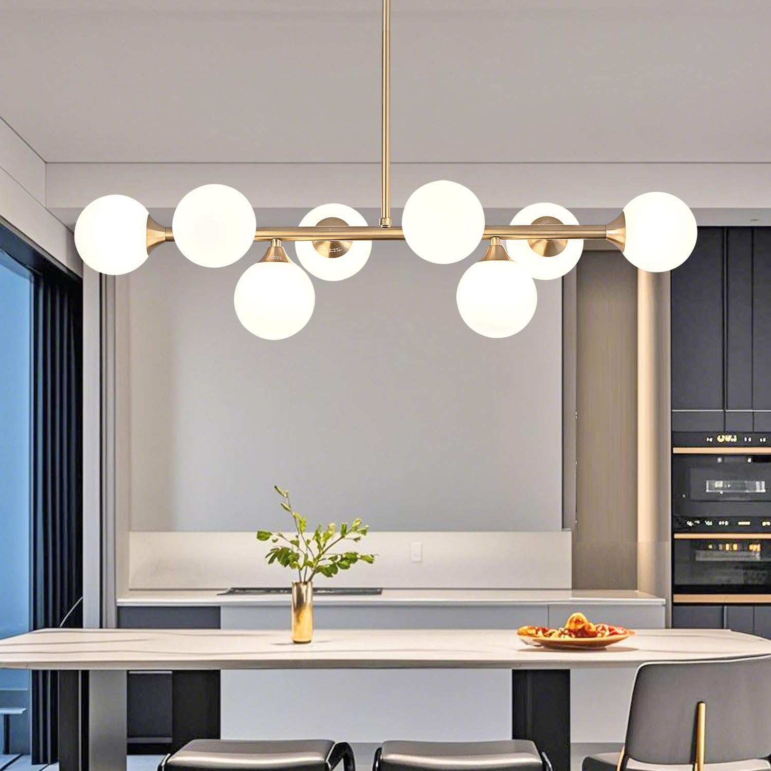 Modern Linear Chandelier, Mid Century Gold Brass Sputnik Pendant Light with White Glass Lampshade,8 Lights Globe Rectangle Chandelier,for Dining Room Kitchen