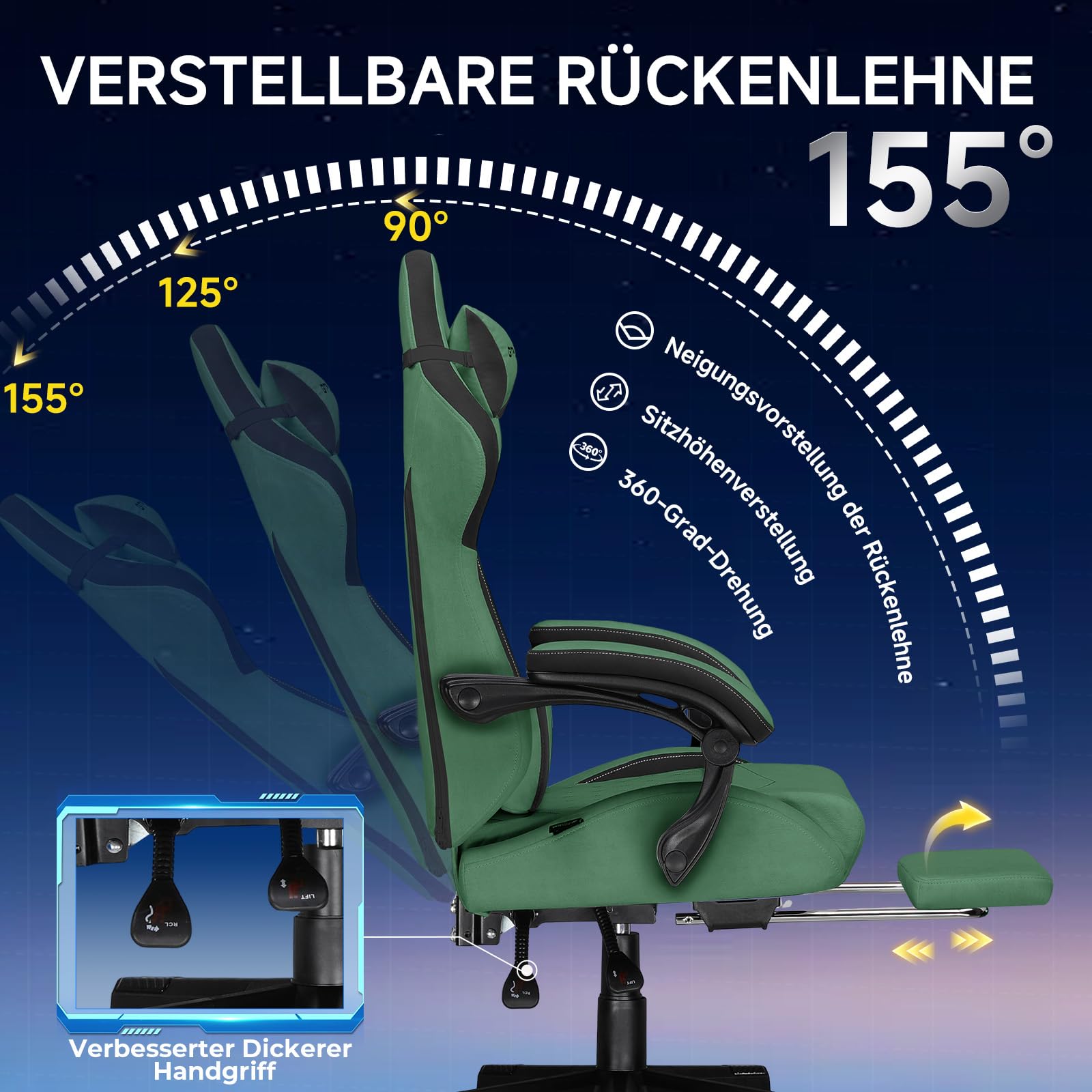 GTPLAYER Gaming Stuhl, Ergonomischer Gamer Stuhl aus Stoff mit Lendenwirbelstütze, PC-Stuhl mit verbreiterter Rückenlehne, Belastbar bis 150 kg, Grün