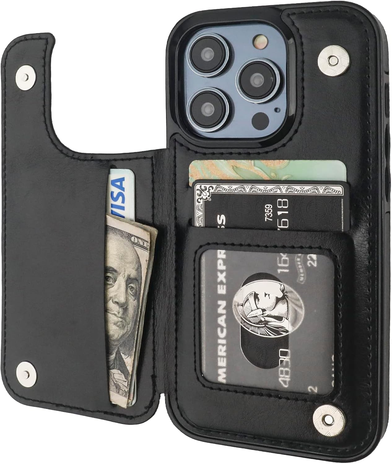 ONETOP Compatible with iPhone 14 Pro Wallet Case with Card Holder, PU Leather Kickstand Card Slots Case, Double Magnetic Clasp and Durable Shockproof Cover 6.1 Inch (Black)