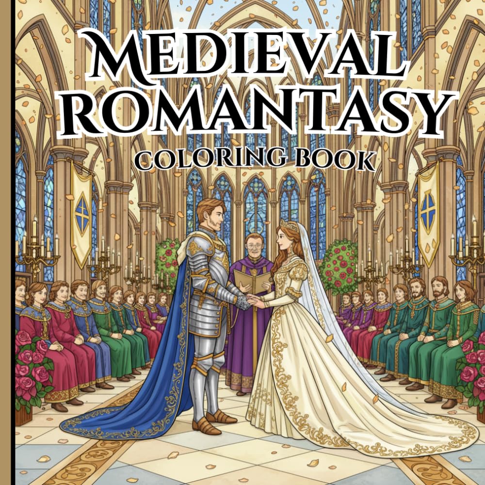 Medieval Romantasy Coloring Book: 40 Story-Based Illustrations of Epic Fantasy Romance, Royal Weddings, and Knightly Valor for Adults