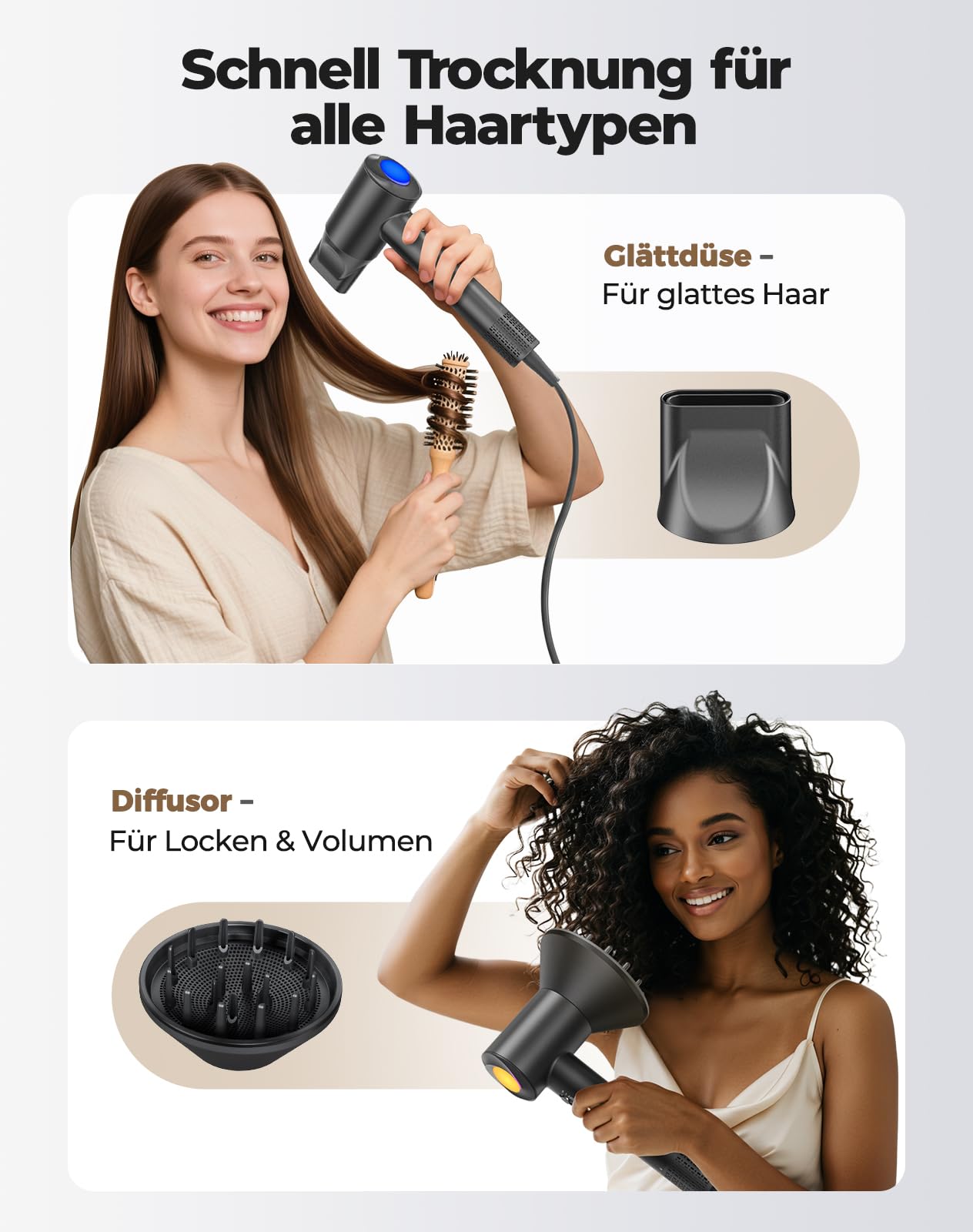Haokoo Ionen Föhn mit Diffusor - 150.000 U/min High-speed Haartrockner Schnelles Trocknend, Fön mit 500 Mio. Negative Ionen, 8 Temperatur-Stufen für Locken/Dicke Haare, Zuhause, Reisen, Salon